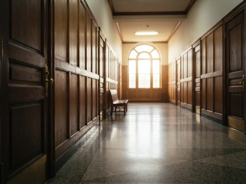 An empty corridor lined with wooden wainscoting and doors leading to a large arched window with bright sunlight.