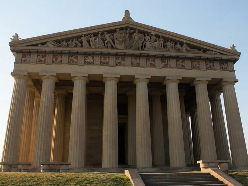 A full-scale replica of the Greek Parthenon featuring stone Doric columns, decorative friezes, and a pediment with sculptures under a clear sky.