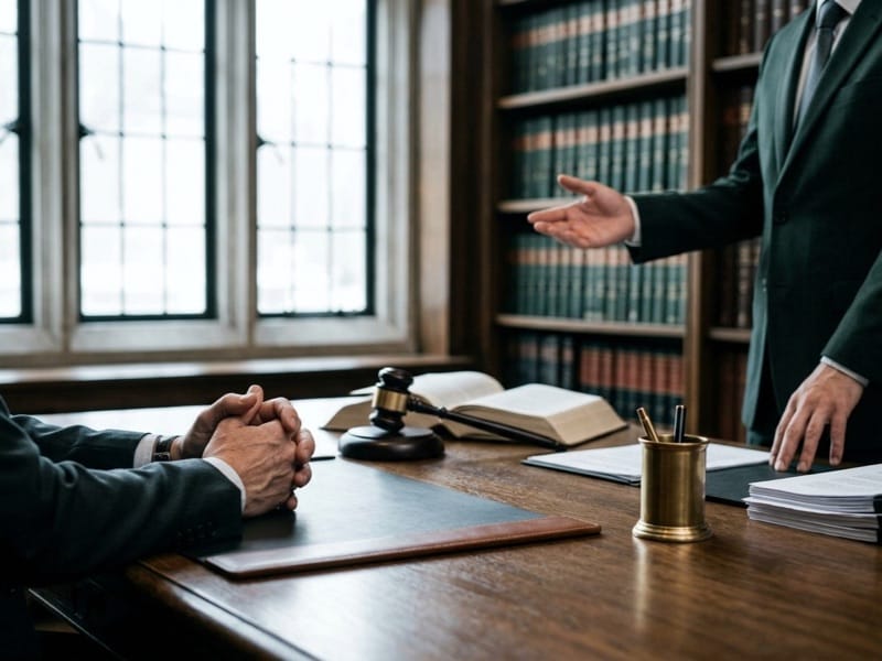 Standing lawyer gesturing across a desk with a gavel, open book and law library shelves