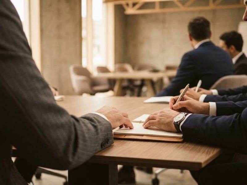 People in suits meeting over documents at a wooden table in an office