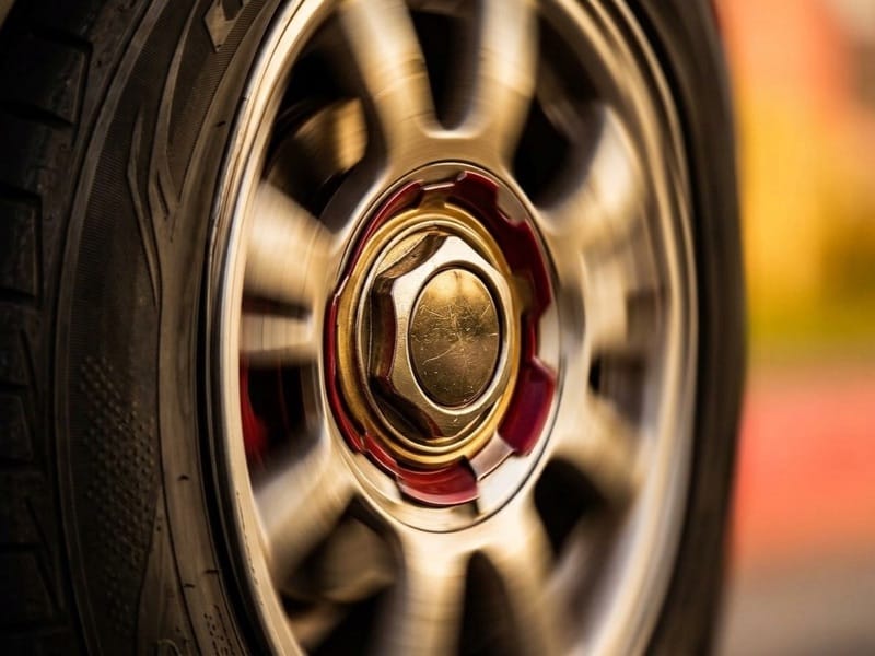 Close-up of a spinning car wheel with a gold hub and blurred spokes