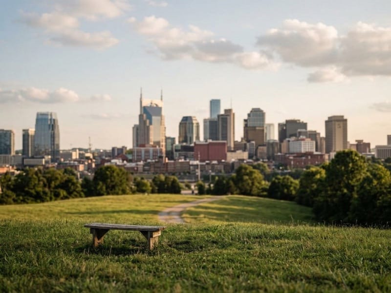 Empty wooden bench on a grassy hill overlooking the Nashville skyline
