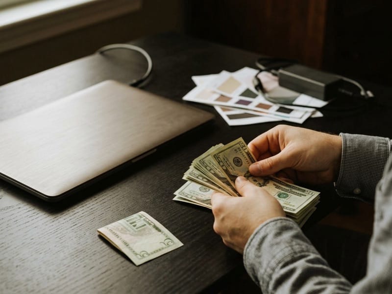 Hands counting dollar bills at a dark desk beside a closed laptop