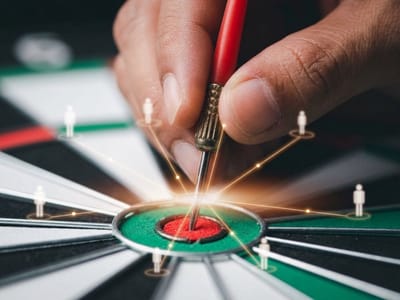 Hand pulling a red dart from the bullseye of a dartboard with sparks and tiny figures