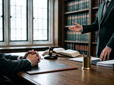 Standing lawyer gesturing across a desk with a gavel, open book and law library shelves