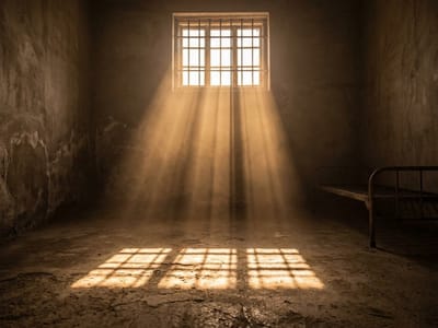 Sunlight streaming through a barred window into a bare cell with a metal bed