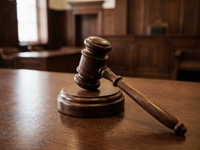 Wooden gavel resting on its block on a courtroom desk
