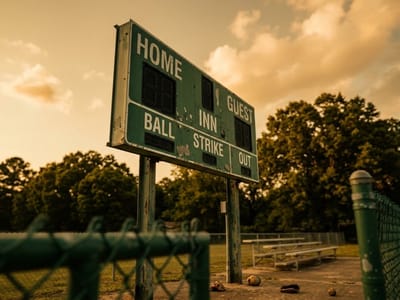 Weathered green baseball scoreboard behind a chain-link fence at sunset