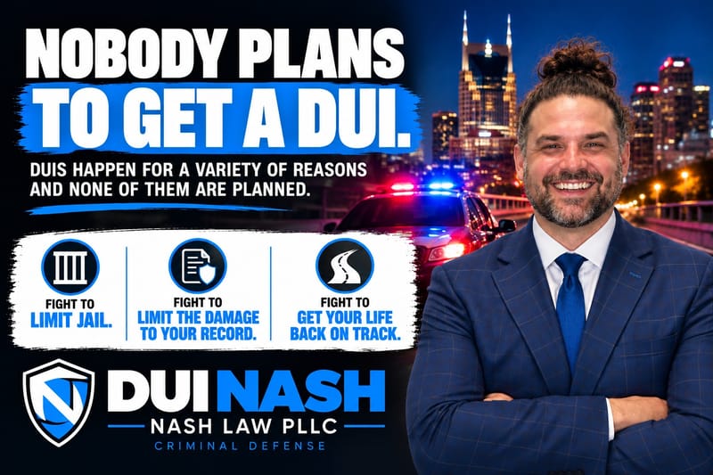 DUI Nash promotional graphic showing the Nashville skyline with police car lights and three goals: limit jail, limit the damage to your record, and get your life back on track